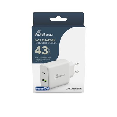 MediaRange 43W fast charger with USB-A and USB-C output, white MRMA113 фото