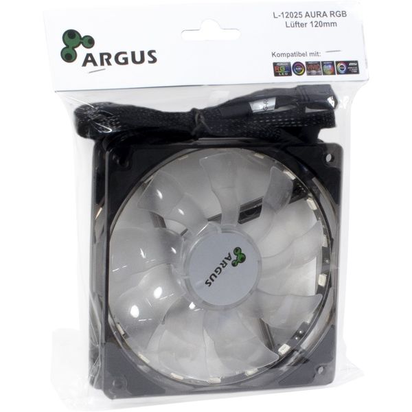 Кулер для Корпуса Argus (L-12025 AURA) RGB, 120х120х25мм, 30дба, 1500RPM, 4Pin PWM, 12V RGB 37039 фото